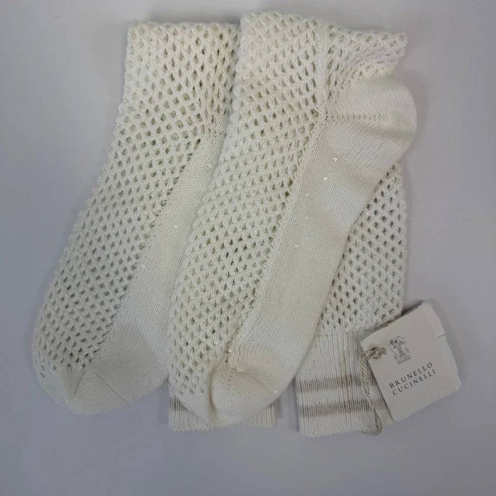 Brunello Cucinelli White Open Knit Sequin Socks MDV797989 Small NWT Made Italy